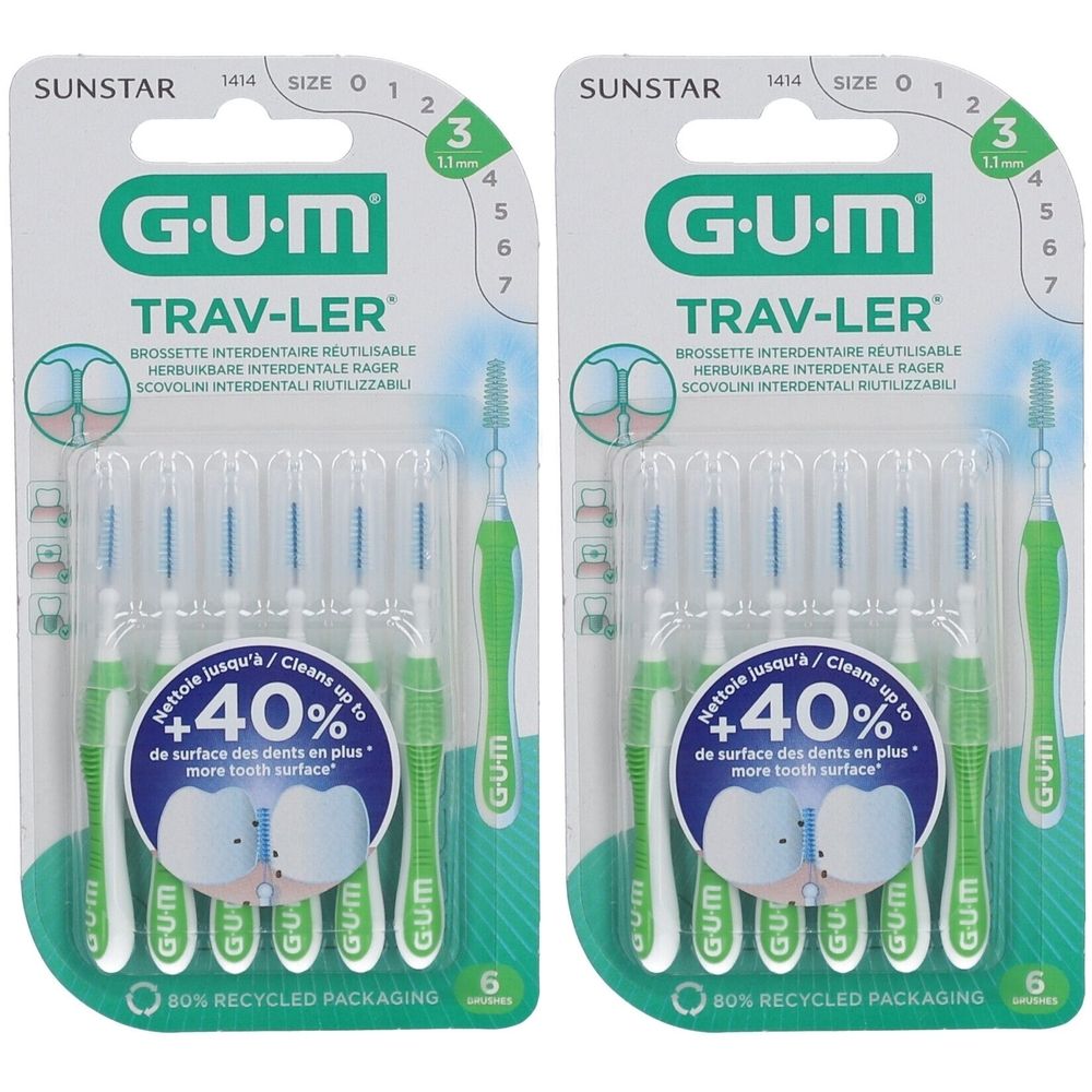 Deux paquets de GUM Trav-Ler 1,1 mm. Brossettes interdentaires vertes, poils transparents. Emballage avec nom et taille du produit.