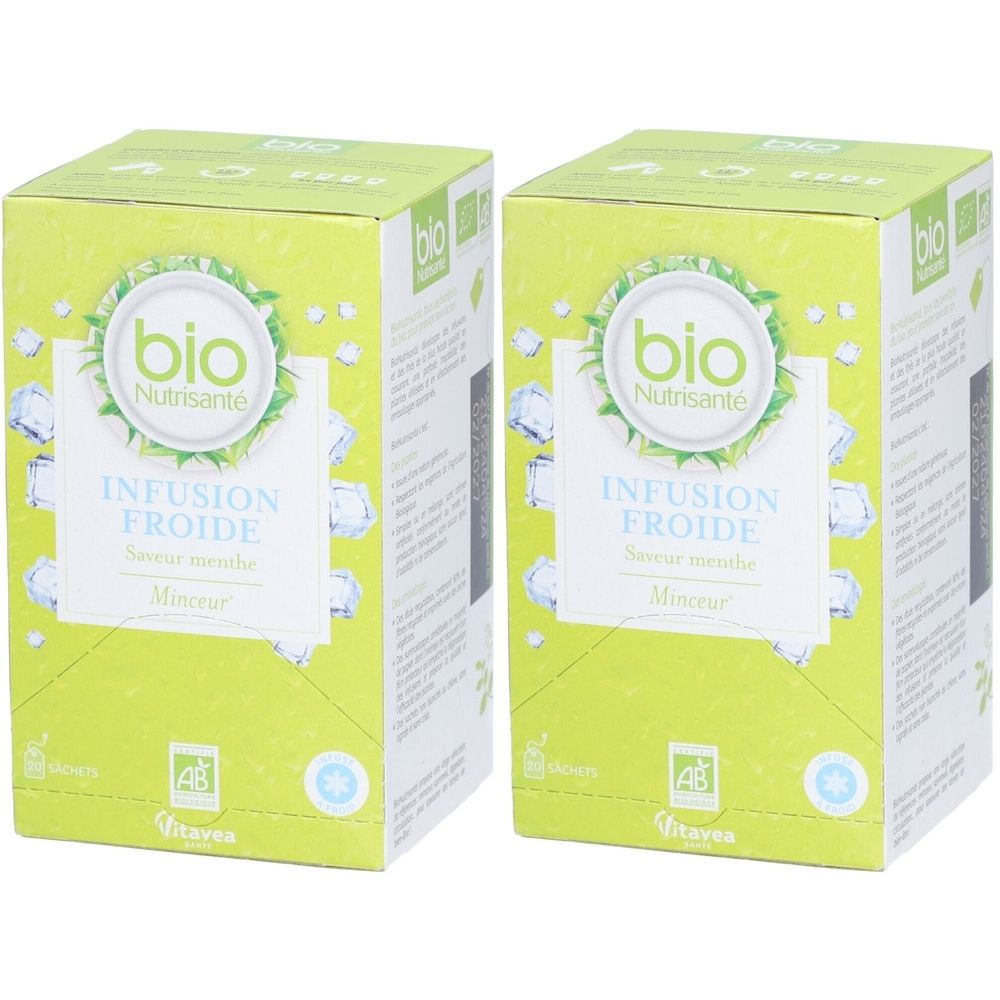 Deux boîtes vertes "bio Nutrisanté INFUSION FROIDE Saveur menthe Minceur". Logo AB. Décor de glaçons.