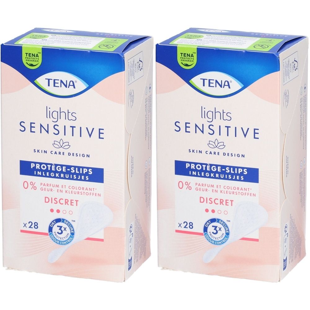 Deux boîtes de Protège-slips TENA lights Sensitive. Emballage bleu et blanc avec nom du produit et logo.