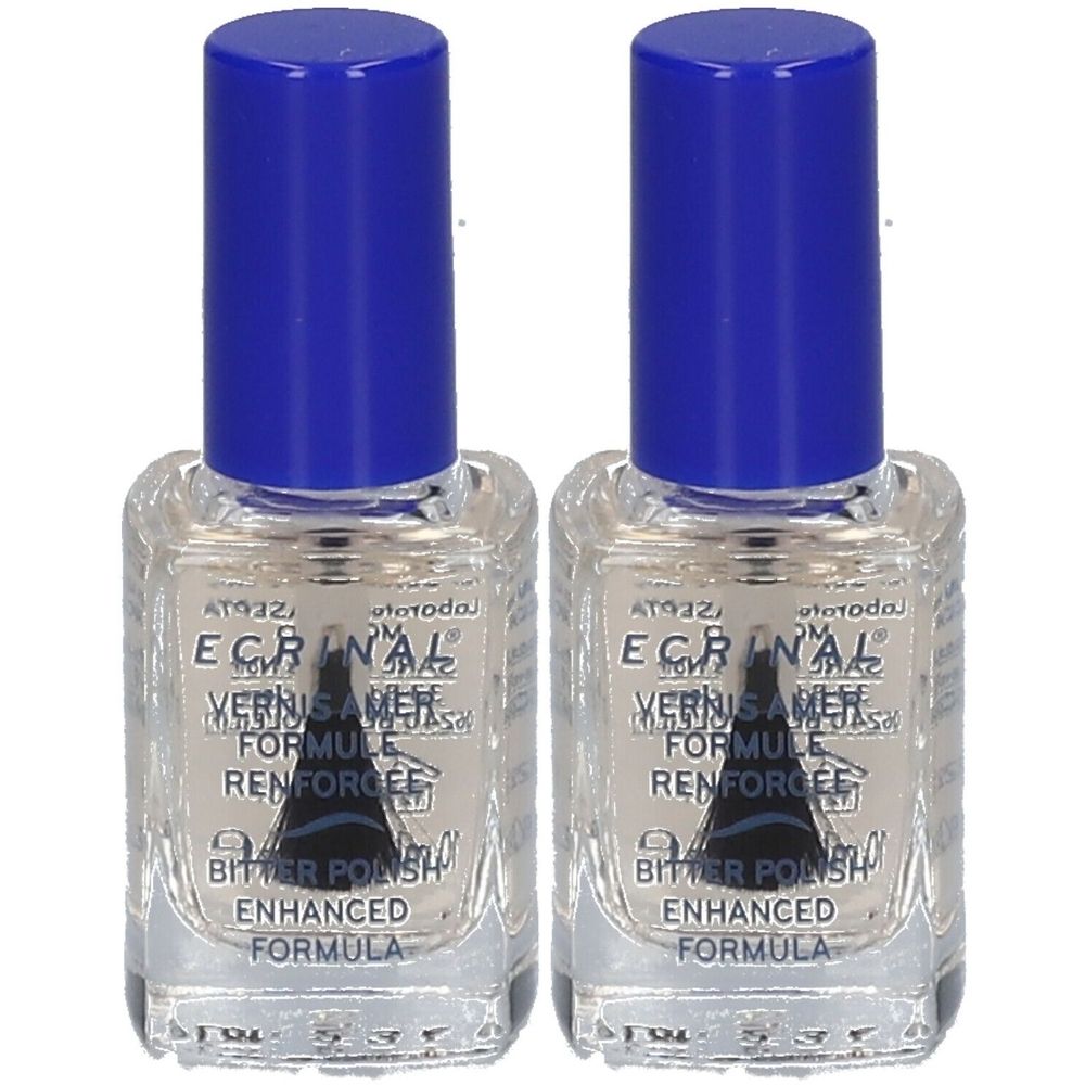Deux flacons de vernis à ongles avec bouchon bleu. Inscription : Ecrinal, Vernis Amer, Formule Renforcée, Bitter Polish, Enhanced Formula.