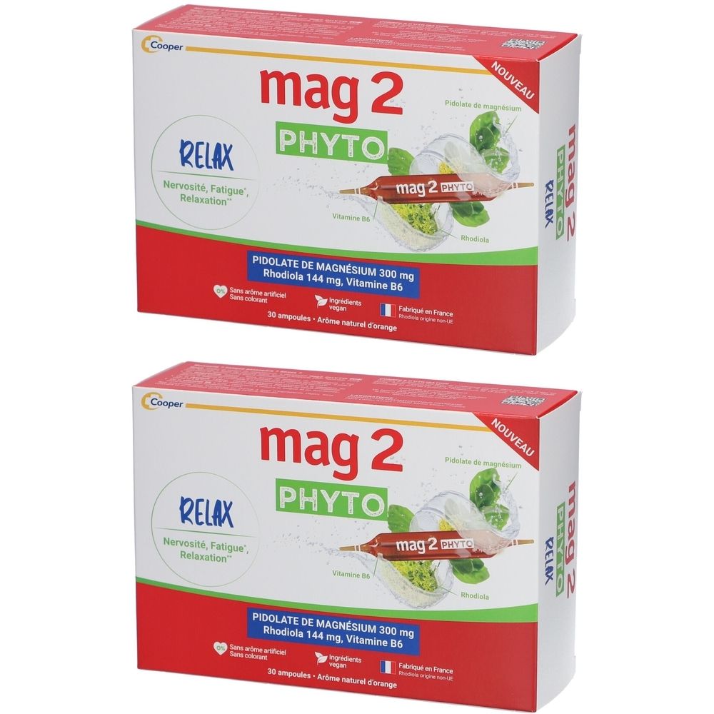Deux boîtes de "mag 2 PHYTO RELAX". Emballage rouge et blanc. Contient des informations sur les ingrédients et la quantité.