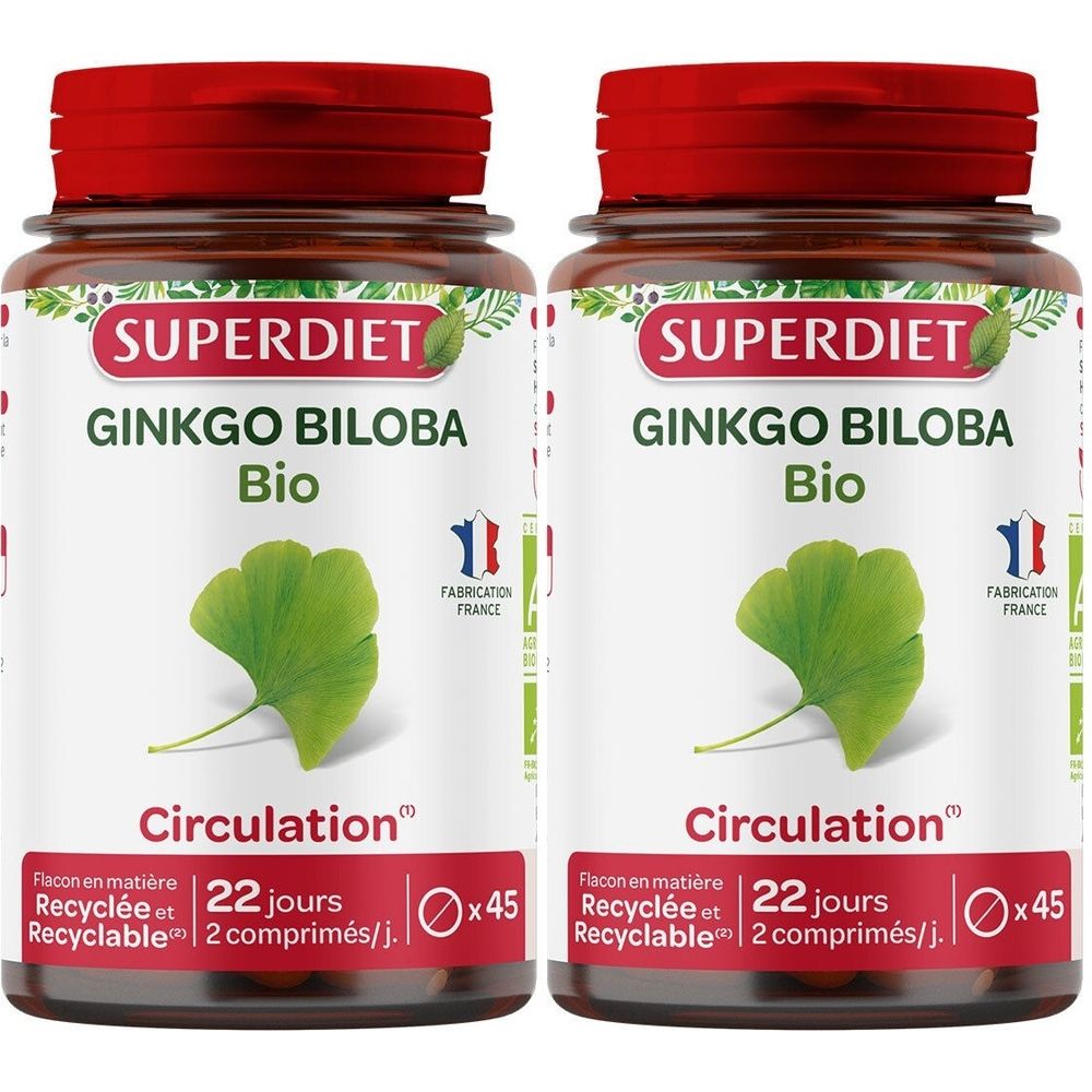 Deux flacons de SUPERDIET Ginkgo Biloba Bio. Flacons en verre brun avec bouchon rouge. Inscription : Ginkgo Biloba Bio, Circulation, 45 comprimés.
