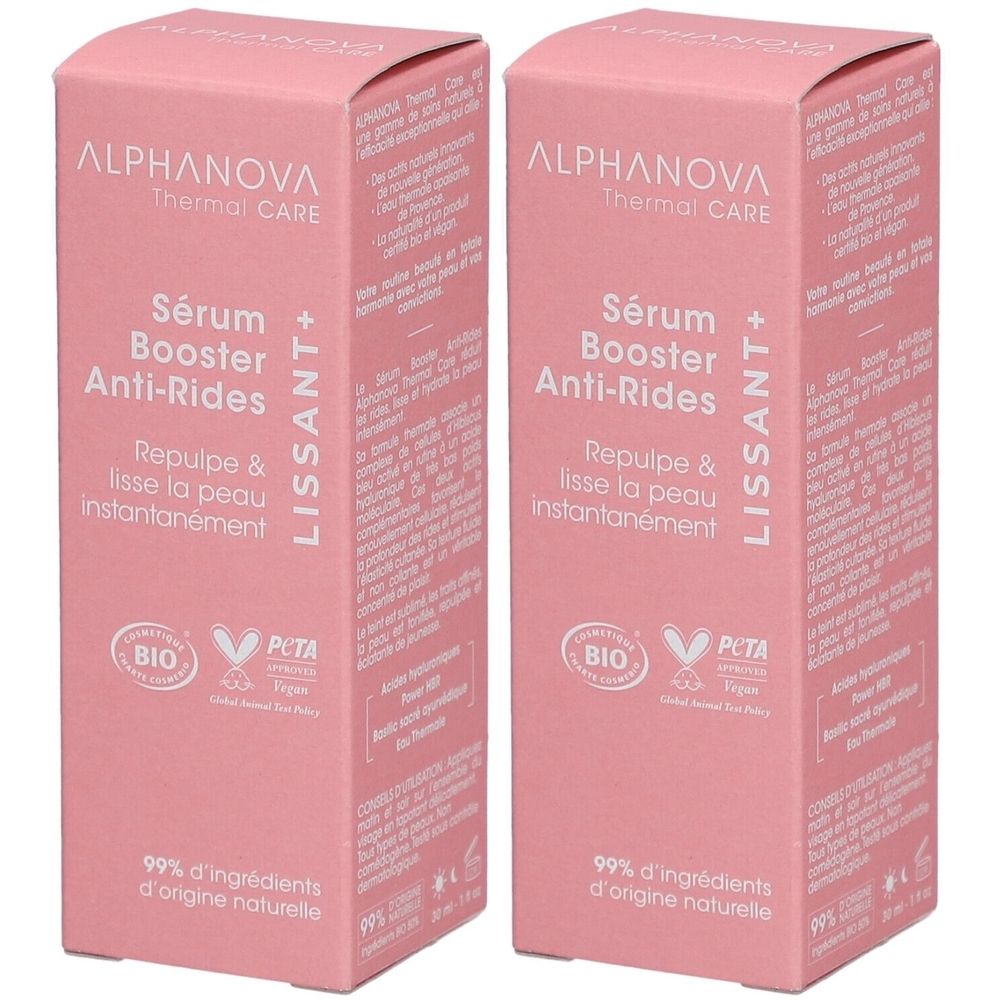Deux boîtes roses. Inscription: ALPHANOVA Thermal Care Sérum Booster Anti-Rides. Avec labels Bio et PETA. Texte en français.