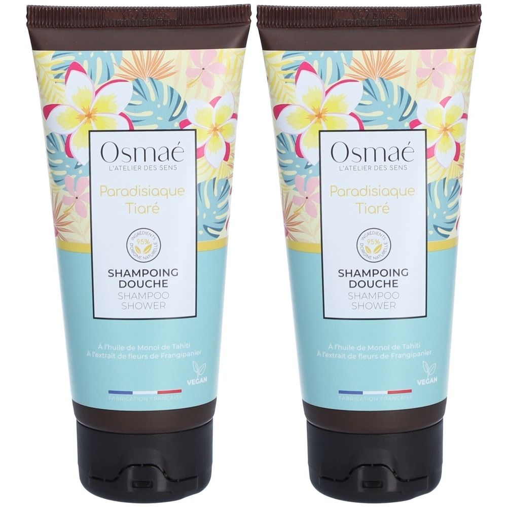 Deux tubes de Osmaé Shampoing Douche Paradisiaque Tiaré. Turquoise, imprimé floral. Bouchon noir, couvercle marron. Label végan.