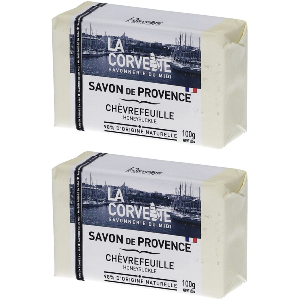 Deux savons emballés. Inscription: LA CORVETTE, Savon de Provence, Chèvrefeuille, 98% d'origine naturelle, 100g.