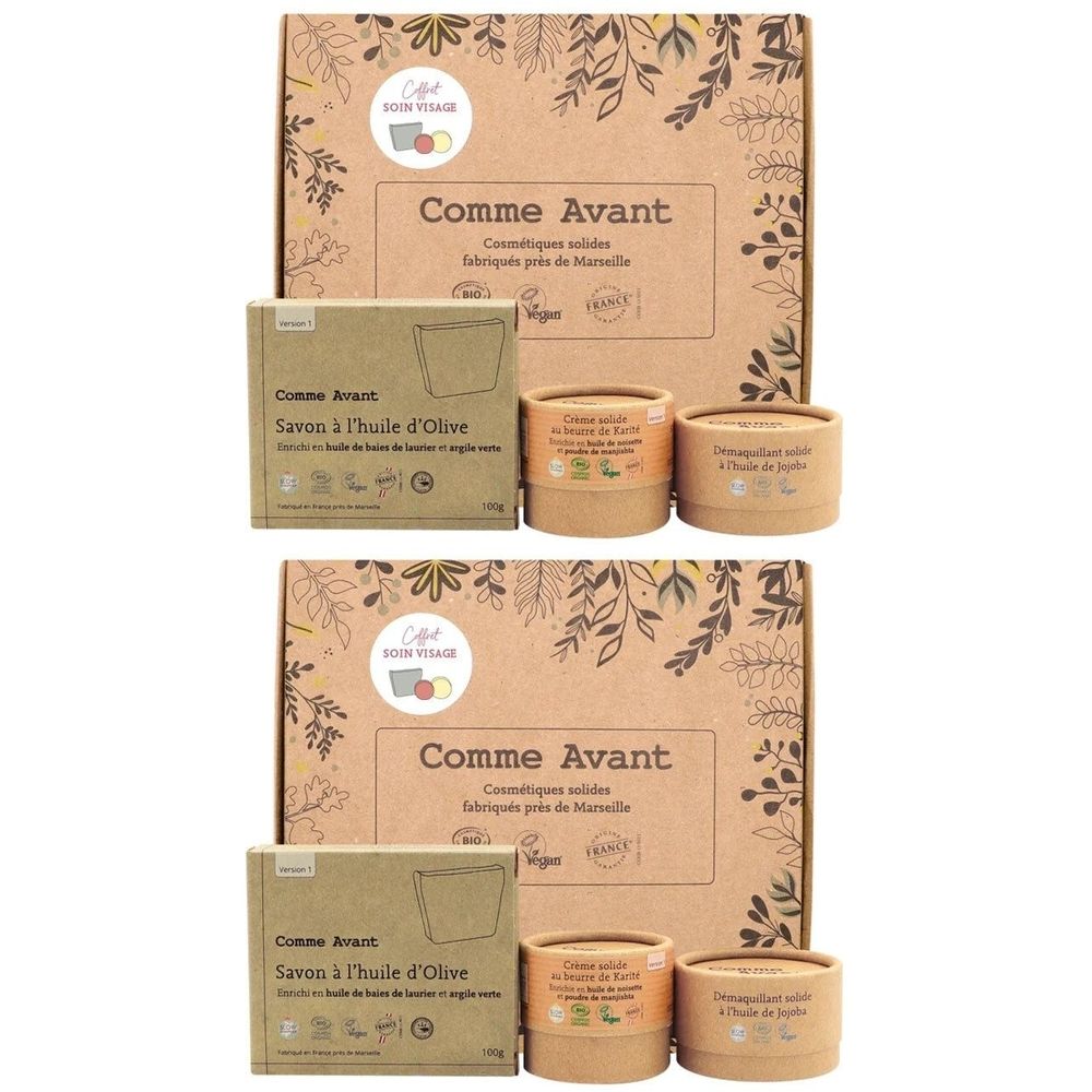 Deux coffrets cadeaux. Chaque coffret contient un savon, deux pots et une boîte avec l'inscription "Comme Avant".