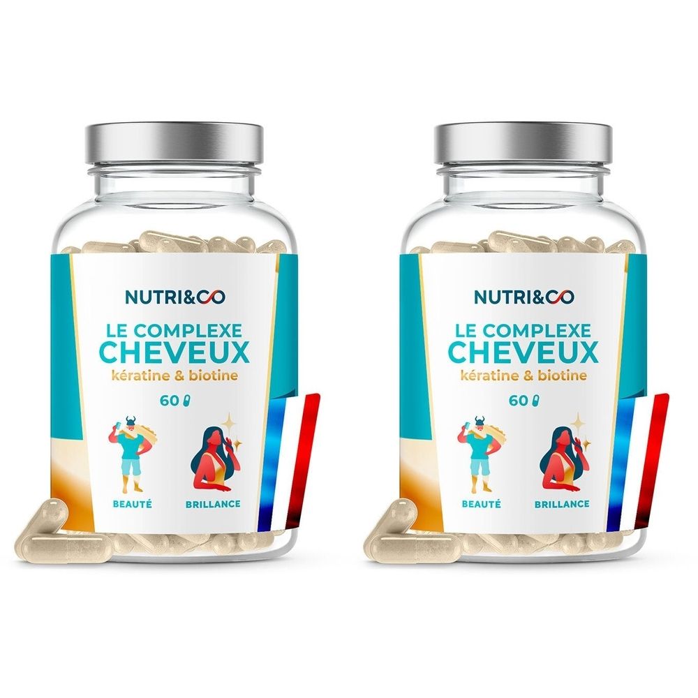 Deux flacons de gélules. Inscription : NUTRI&CO, LE COMPLEXE CHEVEUX, Kératine & Biotine. Drapeau français.