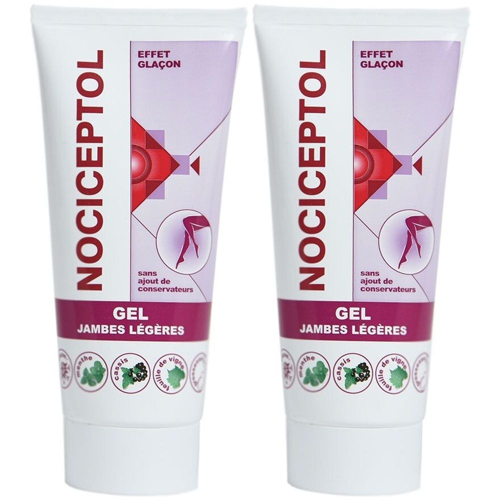 Deux tubes de gel. Inscription NOCICEPTOL, EFFET GLAÇON, GEL JAMBES LÉGÈRES. Sans conservateurs. Design violet et blanc.