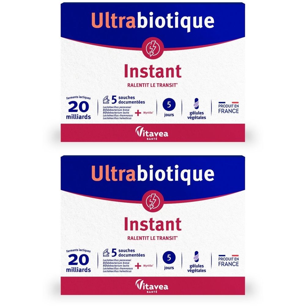 Deux boîtes de Ultrabiotique Instant. Inscriptions : 20 milliards, 5 souches documentées, 5 jours, gélules végétales. Fabriqué en France.