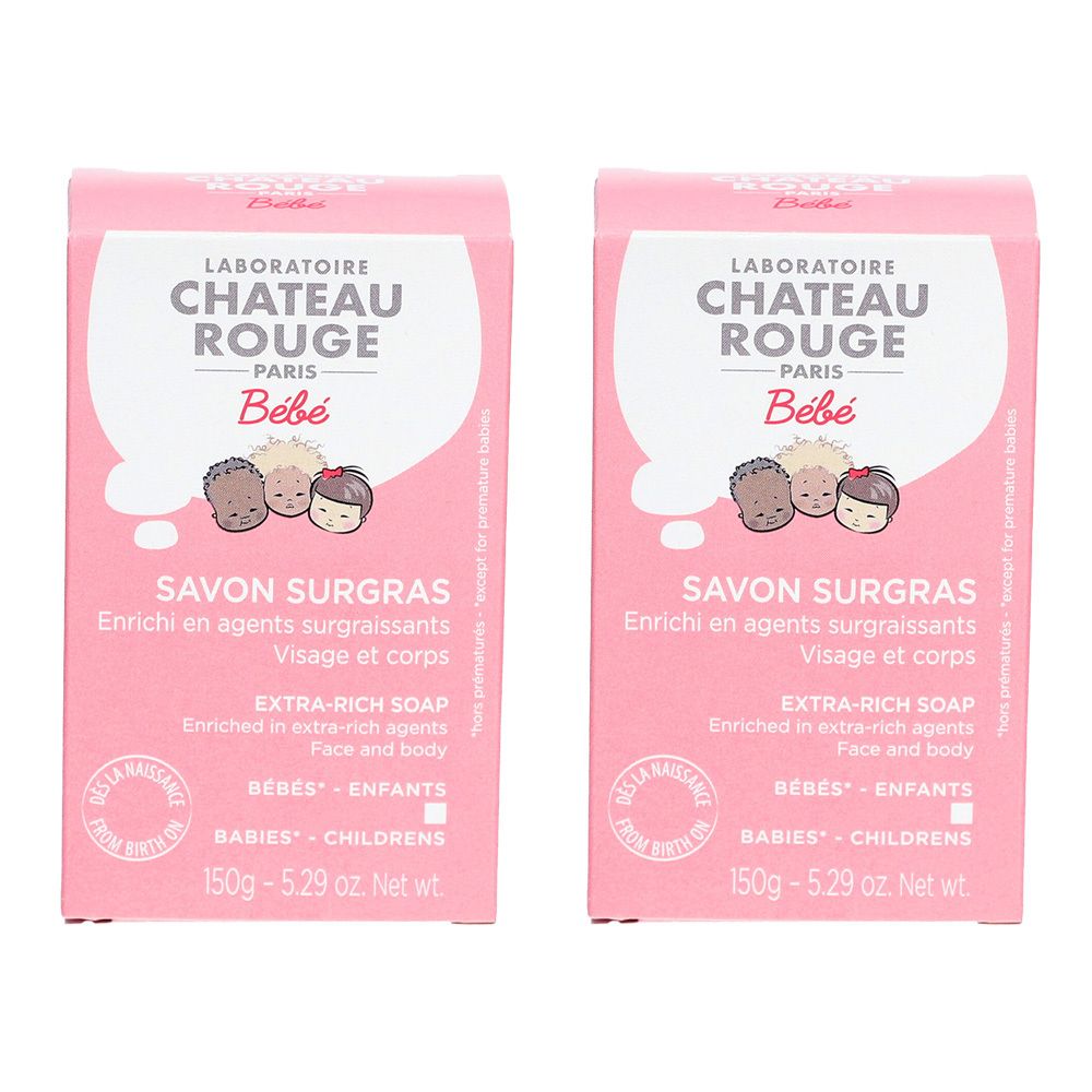 Deux boîtes roses avec texte. Inscription: CHATEAU ROUGE Bébé, Savon Surgras. Pour bébés et enfants. 150g.