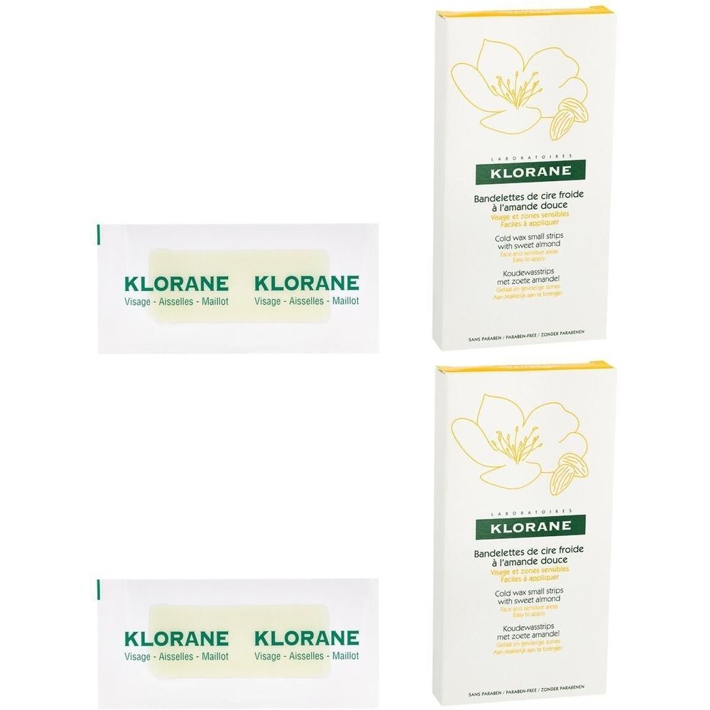 Bandelettes de cire froide Klorane. Deux boîtes et deux bandes individuelles. Inscription : Klorane, visage, aisselles, maillot. Boîtes avec motif floral.