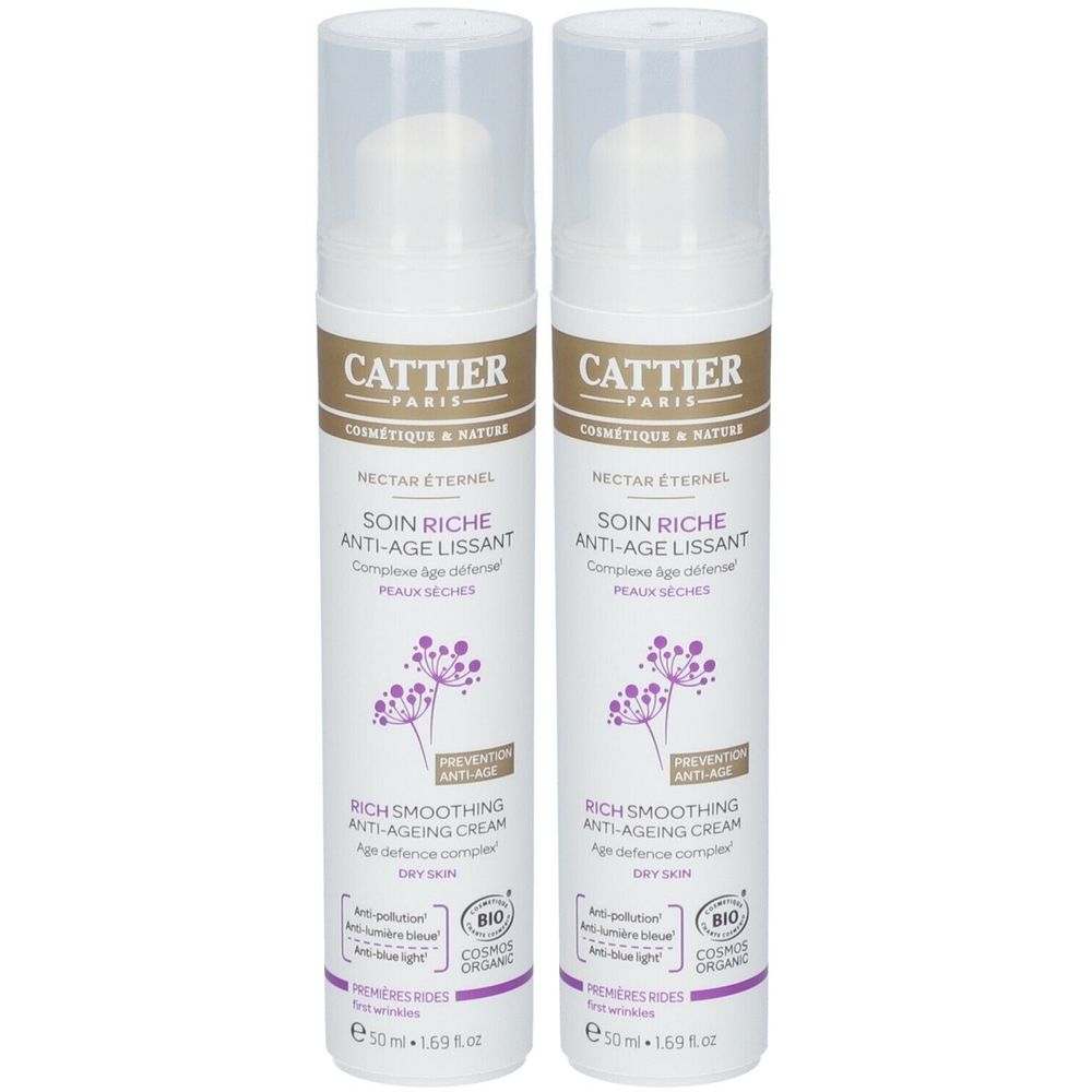 Deux crèmes blanches avec étiquettes marron et violettes. Inscription: CATTIER, Crème anti-âge, certification bio.