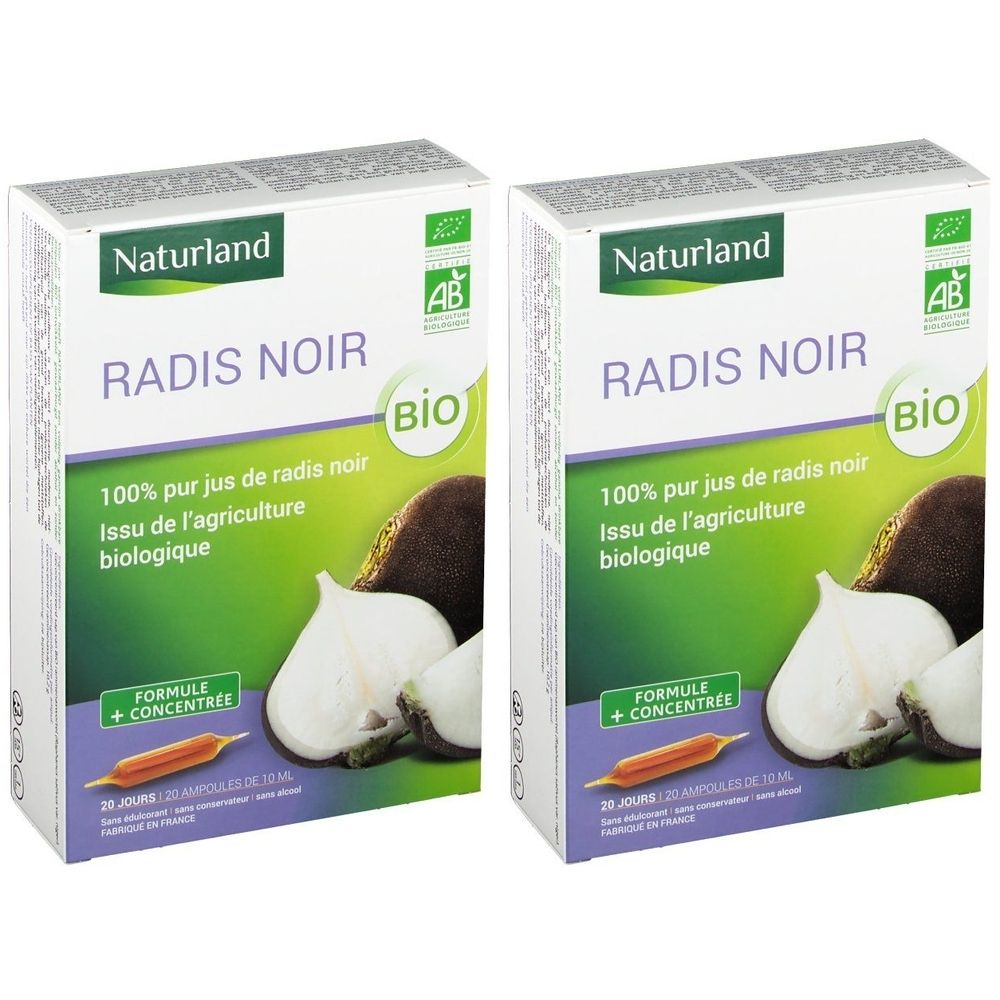 Deux boîtes Naturland Radis Noir Bio. Illustration de radis. Contient 28 ampoules. Inscription en français.