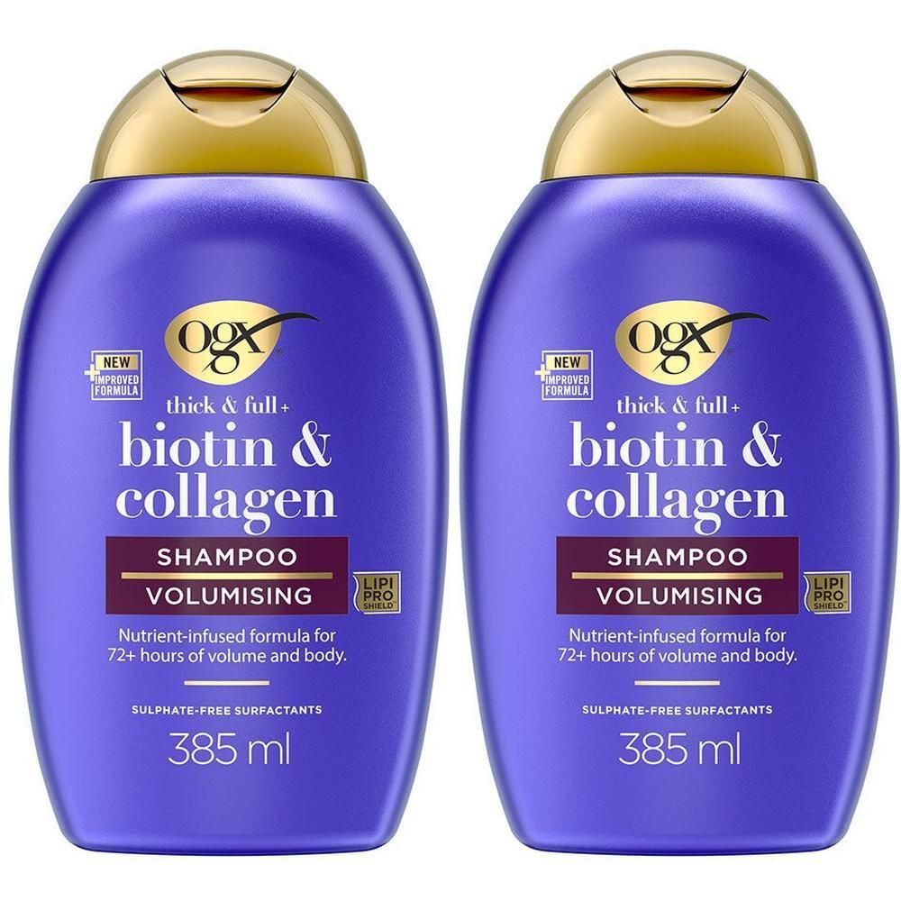 Deux flacons de shampooing OGX Biotine & Collagène. Bouteilles violettes avec bouchons dorés. Texte : Biotine & Collagène, Volumisant.