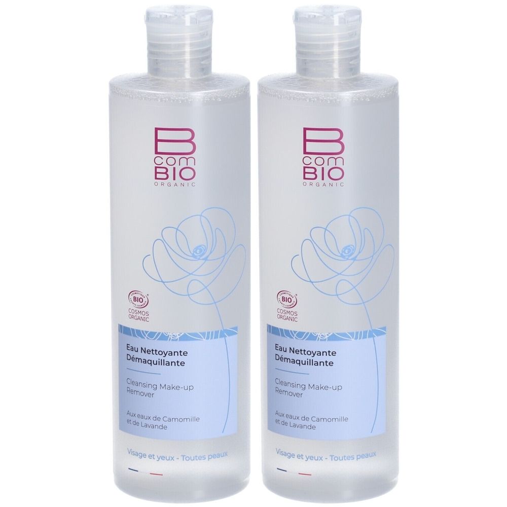 Deux flacons transparents avec bouchons blancs. Inscription: B COM BIO ORGANIC, Eau nettoyante démaquillante. Avec camomille et lavande.
