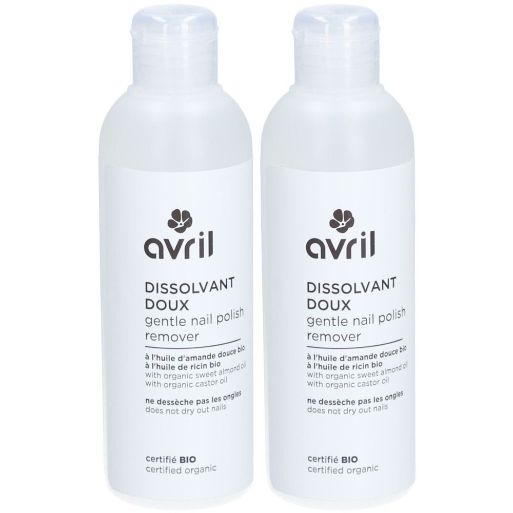 Deux flacons de dissolvant doux Avril. Bouteilles blanches avec étiquette, nom du produit et certification bio. Inscription : doux, enlève le vernis.