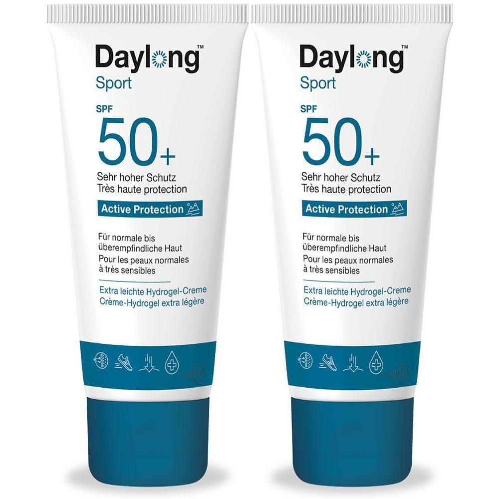Deux tubes blancs et bleus. Inscription: Daylong Sport SPF 50+. Crème-Hydrogel extra légère.
