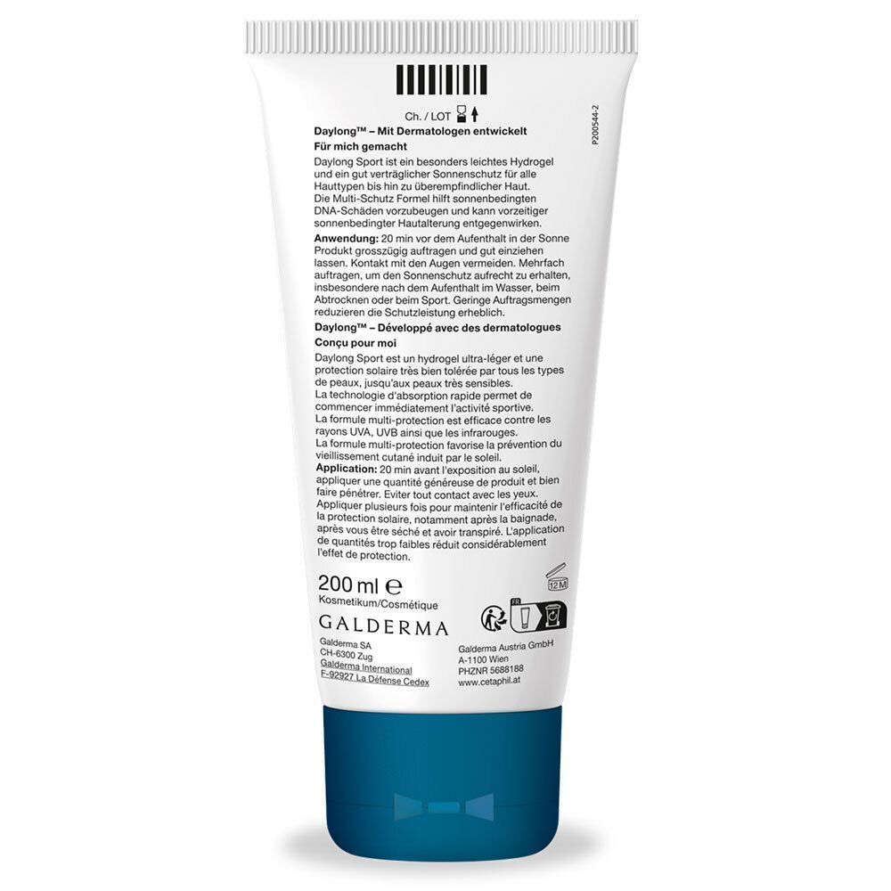 Dos d'un tube. Texte multilingue. Inscription: Daylong Sport. 200 ml. Galderma.