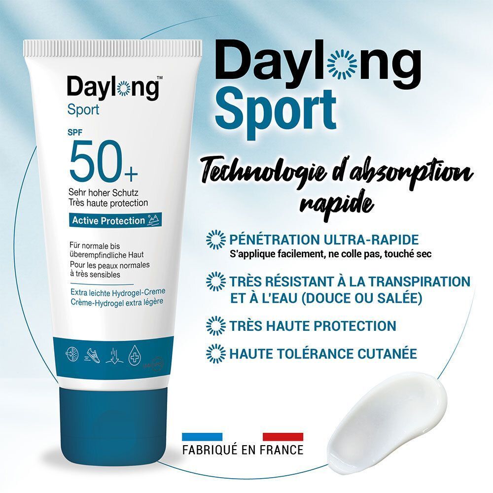 Tube blanc et bleu. Inscription: Daylong Sport SPF 50+. Texte et graphiques.