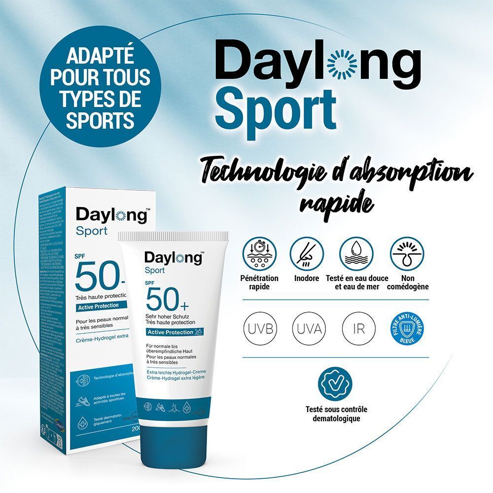 Tube et boîte. Inscription: Daylong Sport SPF 50+. Texte et graphiques. Adapté au sport.