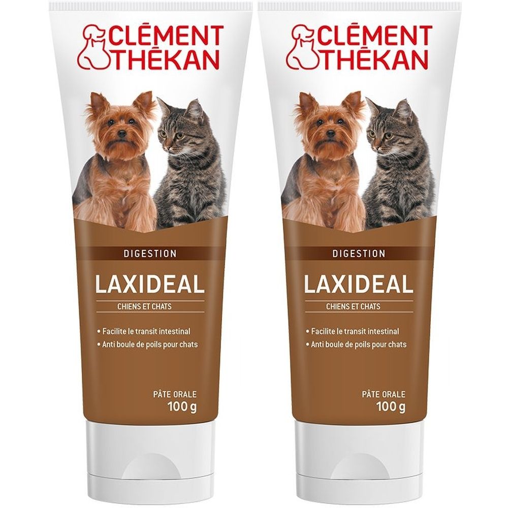 Deux tubes de pâte orale LAXIDEAL pour chiens et chats. Illustration d'un chien et d'un chat. Contenance: 100g.