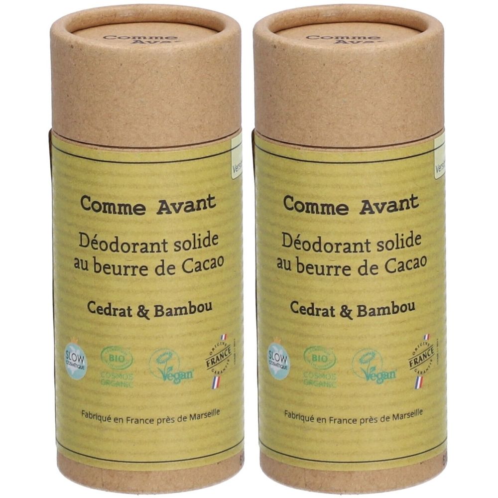 Deux cylindres de déodorant solide Comme Avant, Cacao, Cèdre & Bambou. Labels bio et vegan. Fabriqué en France près de Marseille.