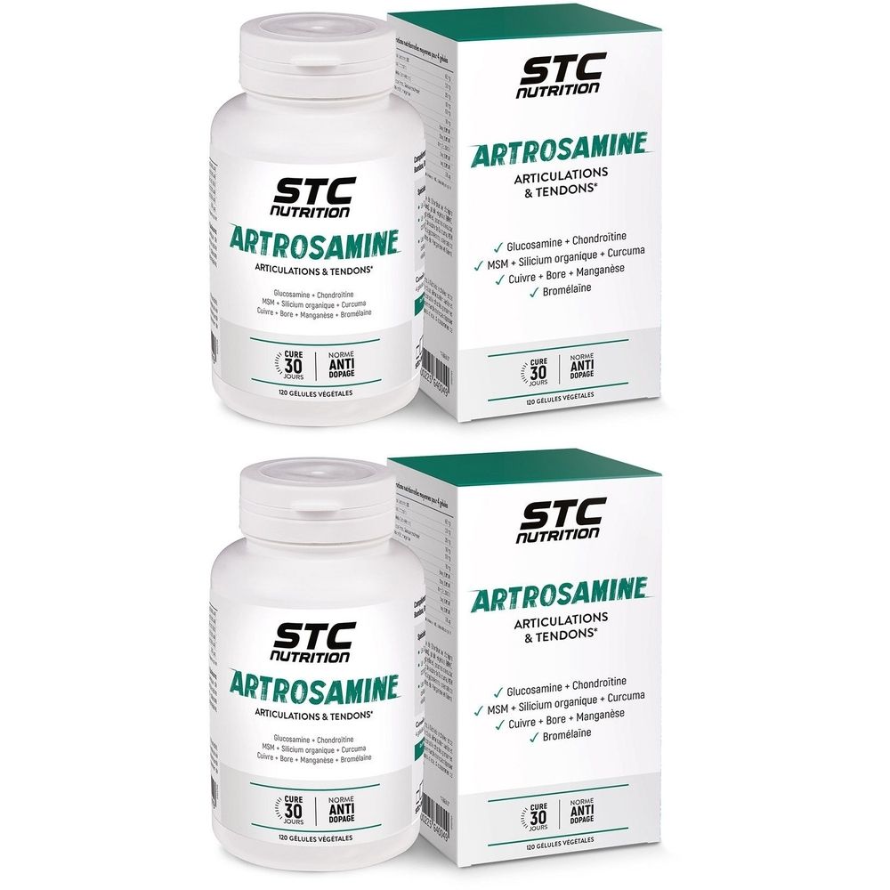 Deux flacons et boîtes blancs avec ARTROSAMINE. Inscription STC NUTRITION. 30 capsules.