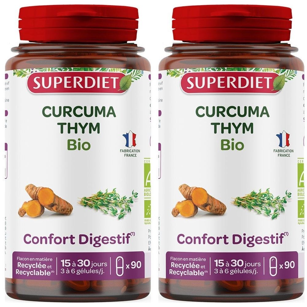 Deux flacons de compléments alimentaires. Étiquette : "SUPERDIET CURCUMA THYM Bio Confort Digestif". Contient 90 gélules.