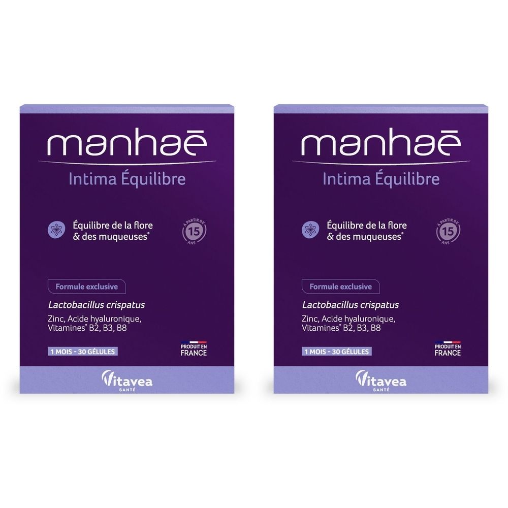 Deux boîtes violettes "manhaē Intima Équilibre". Contient des informations sur les ingrédients et le logo Vitavea. Fabriqué en France.