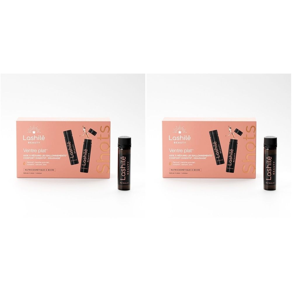 Deux boîtes et deux flacons. Inscription : Lashilé Beauty. Nom du produit et description sur l'emballage.