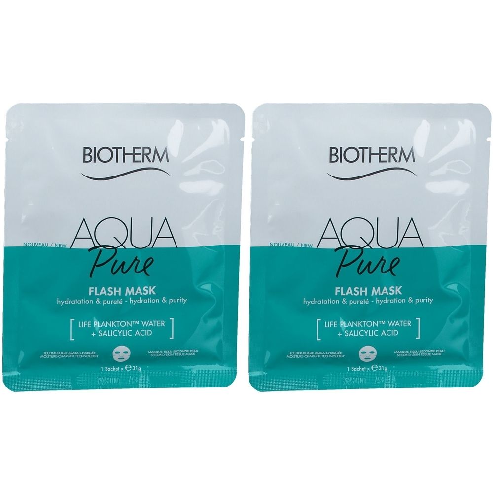 Deux sachets carrés avec l'inscription BIOTHERM AQUA Pure Flash Mask. Fond turquoise avec texte blanc. Contient Life Plankton Water et acide salicylique.