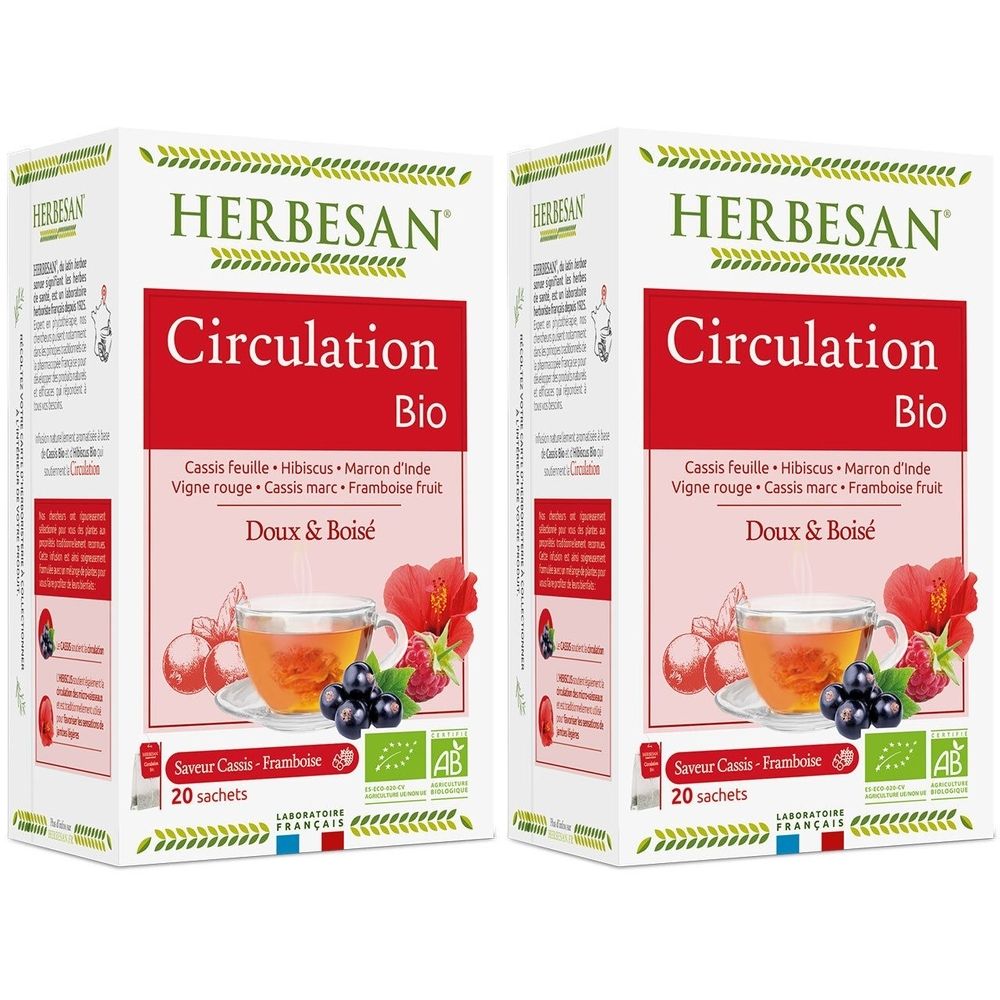 Deux boîtes Herbesan Circulation Bio. Inscription: Cassis, Hibiscus, Doux & Boisé. 20 sachets. Certification AB.