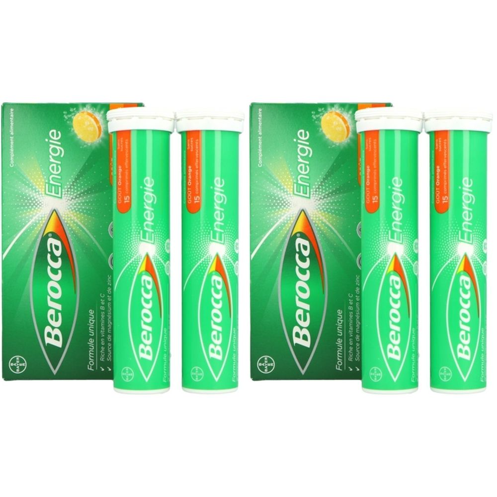 Plusieurs boîtes et tubes Berocca Energie. Emballage vert et orange. Inscription : Energie, Berocca.