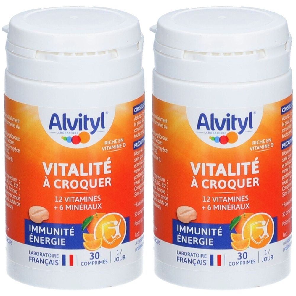 Deux flacons blancs avec étiquettes oranges. Inscription : Alvityl Vitalité à Croquer, 12 vitamines + 6 minéraux. Drapeau français.