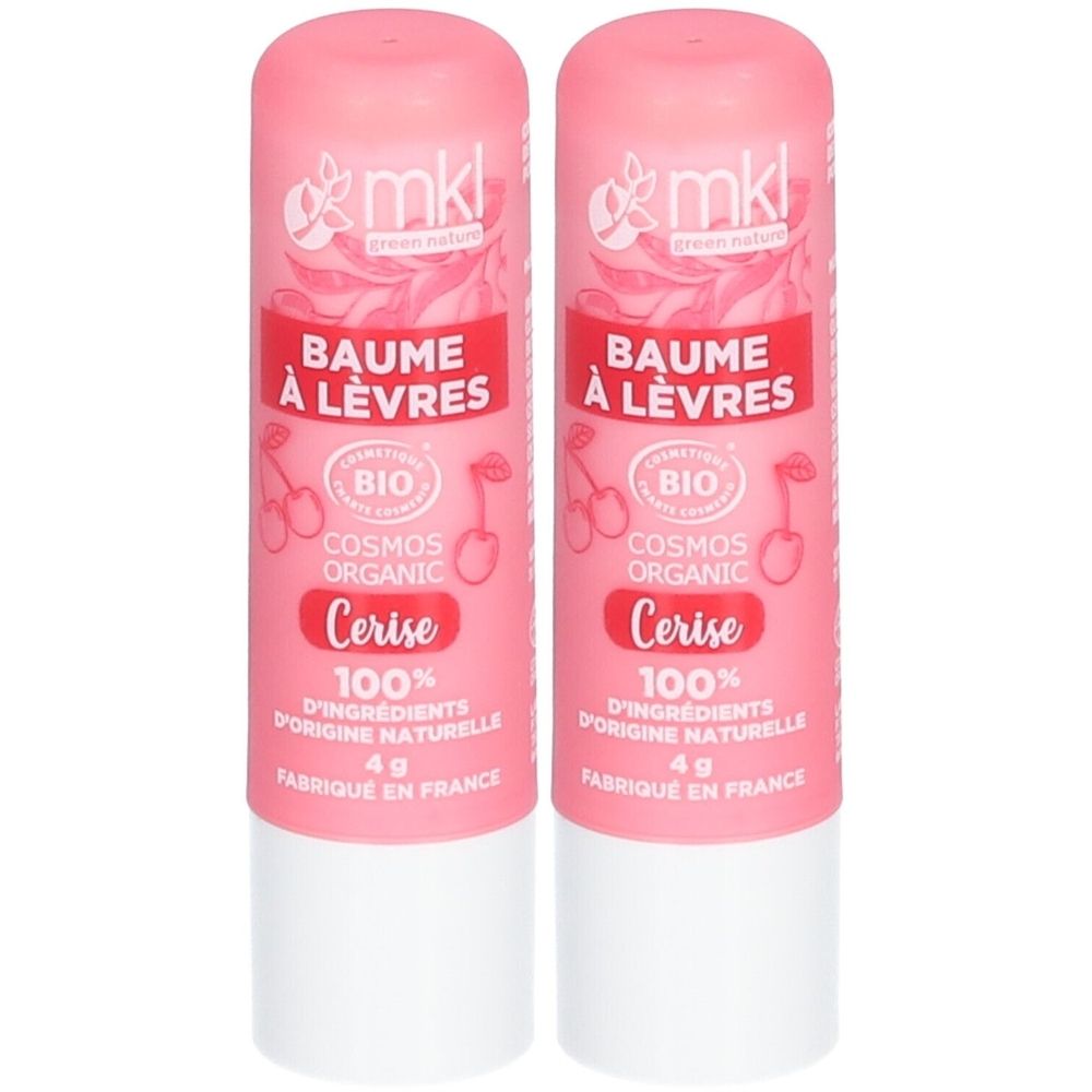 Deux sticks de baume à lèvres roses. Inscription: BAUME À LÈVRES, BIO, Cerise, 100% ingrédients naturels, 4g, FABRIQUÉ EN FRANCE. Marque: mkl.