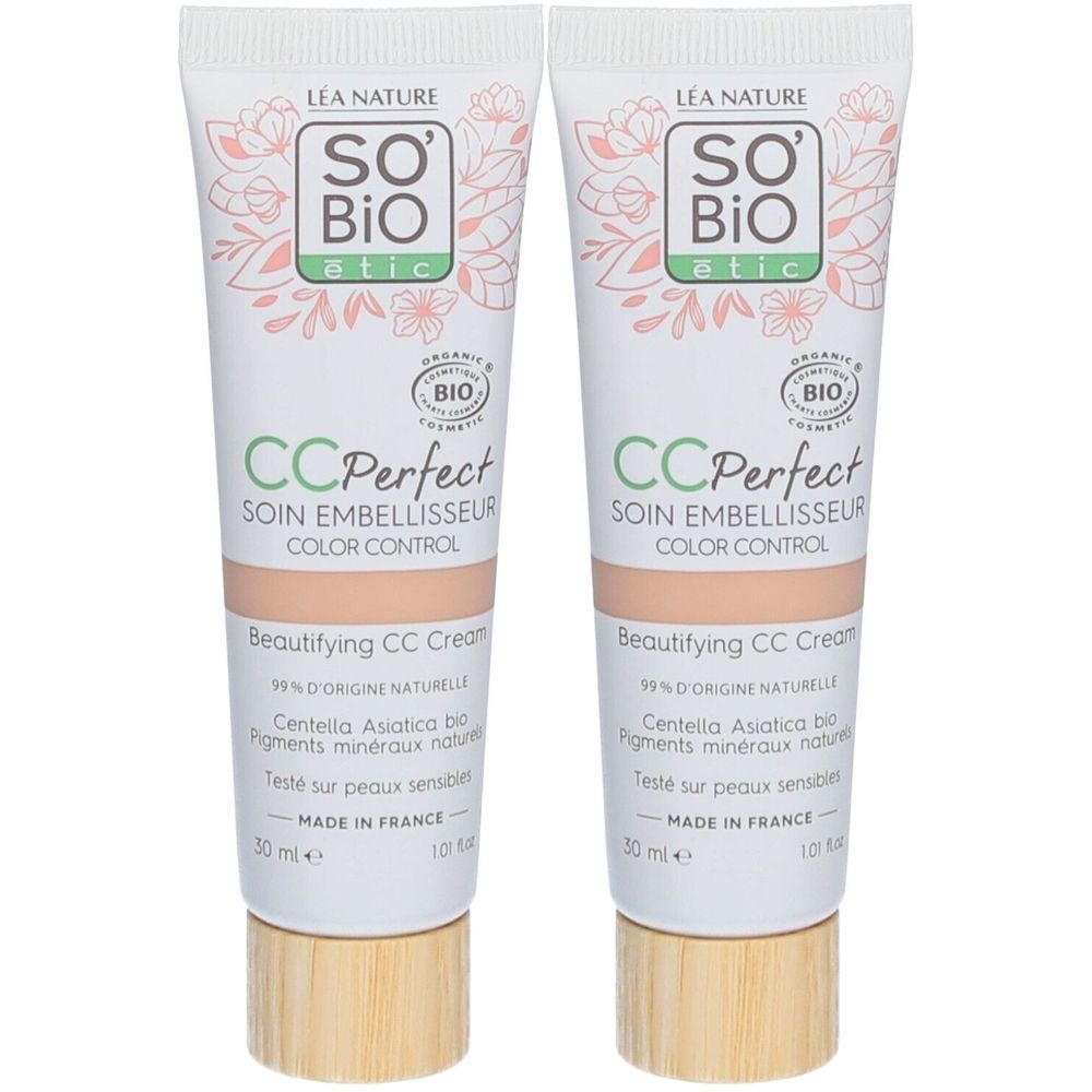 Deux tubes de SO BIO ETIC CC Perfect. Blanc, avec texte et bouchon en bois. Certification bio.
