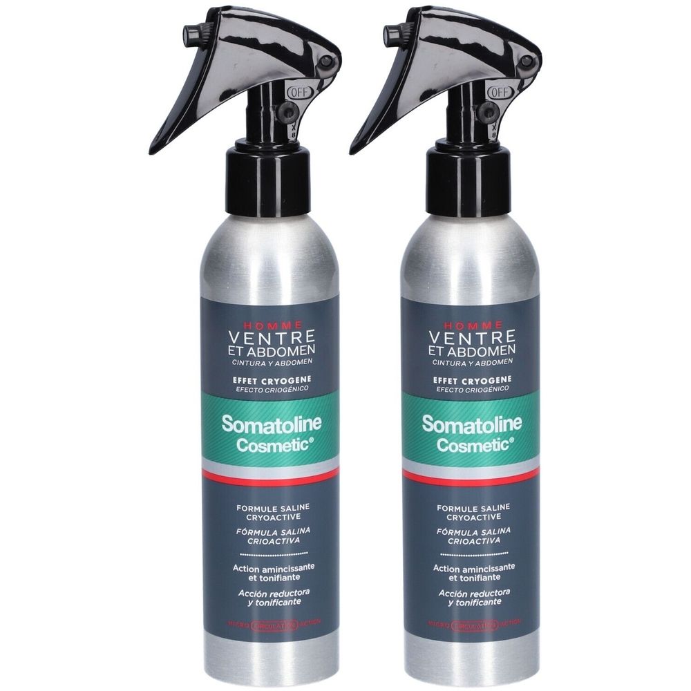 Deux flacons spray argentés avec vaporisateur noir. Inscription: Somatoline Cosmetic HOMME Ventre et Abdomen.