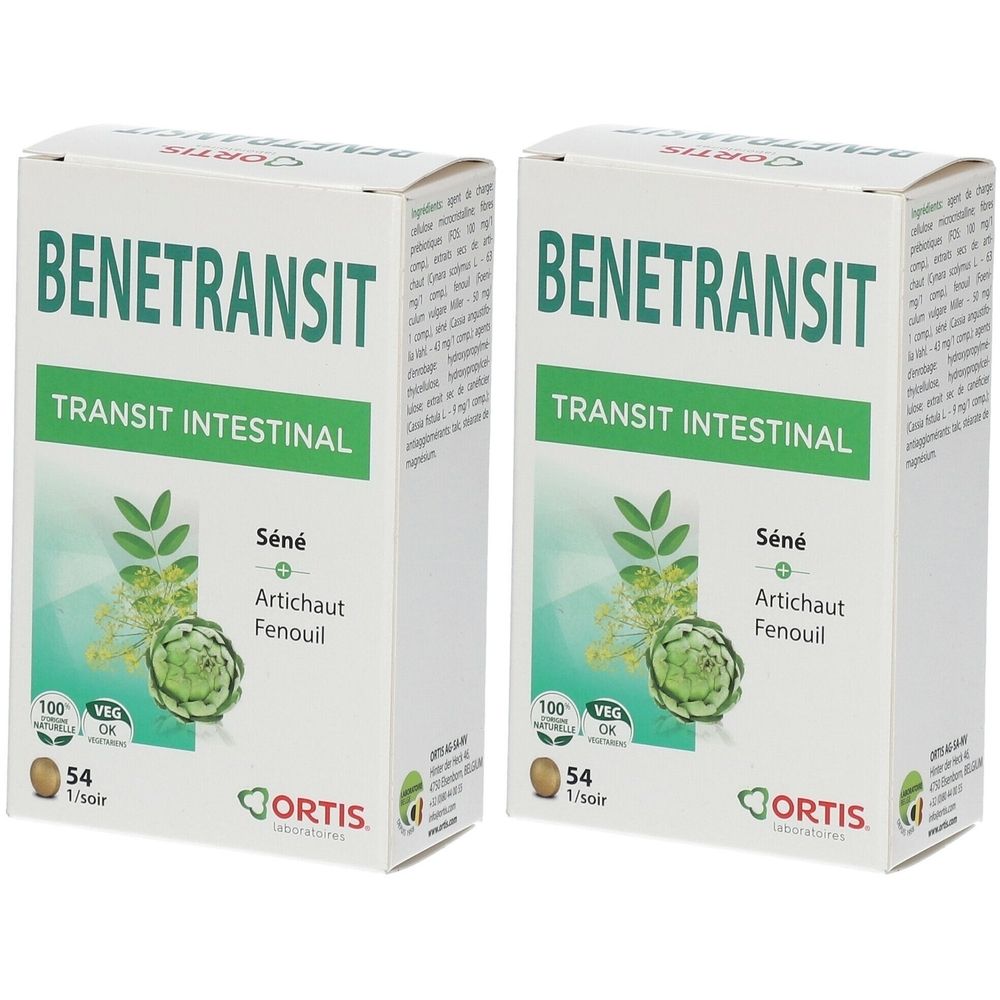Deux boîtes blanches "BENETRANSIT". Inscription "TRANSIT INTESTINAL" et illustrations de plantes. Marque Ortis.