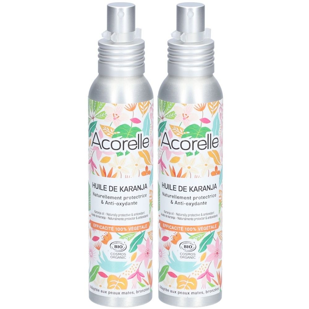 Deux flacons spray Acorelle Huile de Karanja. Motifs floraux, certification Bio. Têtes de pulvérisation argentées.