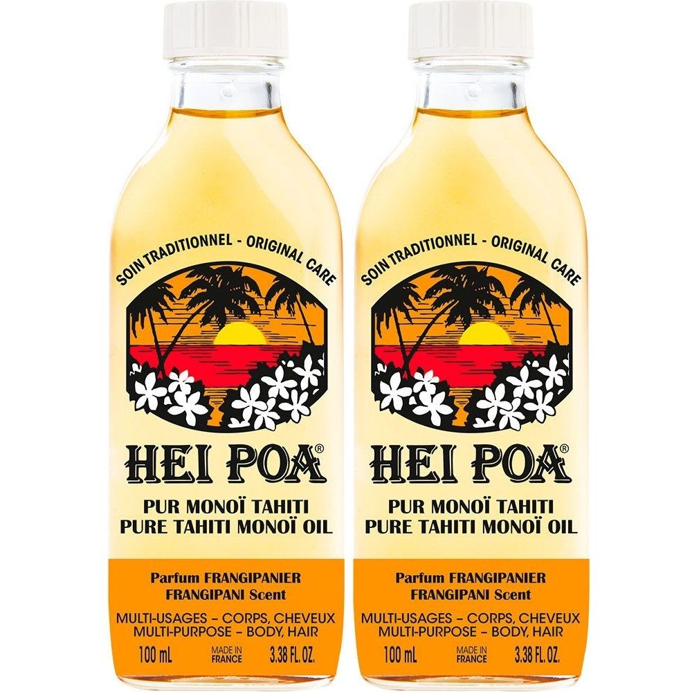 Deux flacons d'huile Hei Poa Monoï. Inscription : Pur Monoï Tahiti, Parfum Frangipanier. Multi-usages corps, cheveux. 100 ml.
