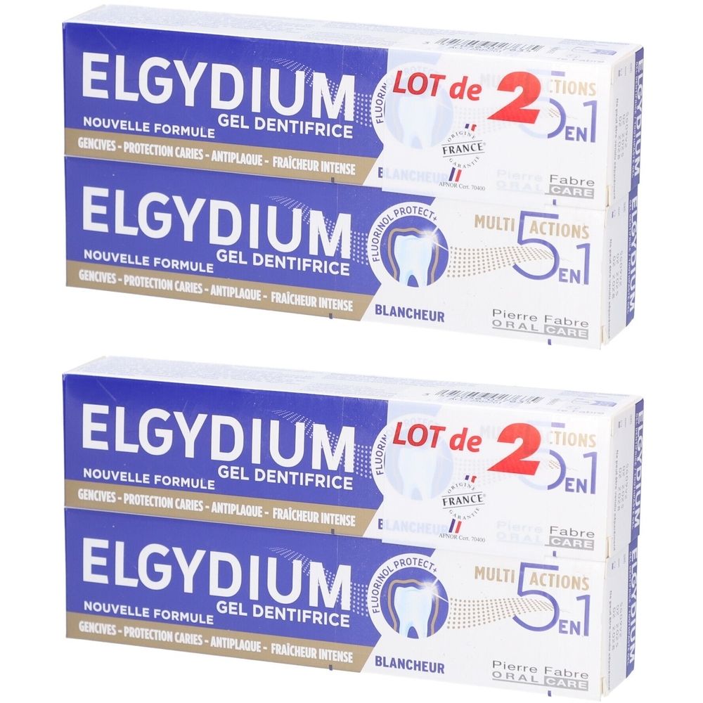 Deux tubes de dentifrice ELGYDIUM. Emballage bleu et blanc. Texte : Multi Actions 5 en 1, Lot de 2. Gel Dentifrice.