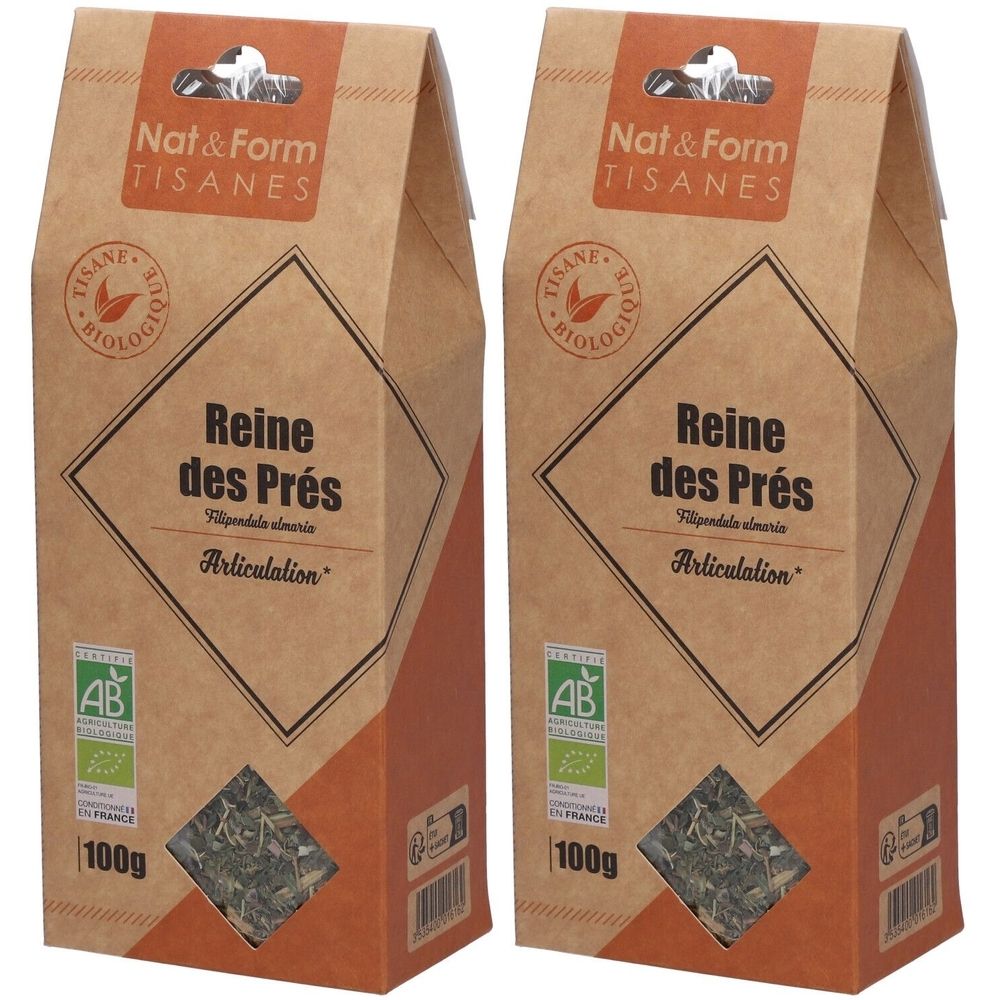 Deux sachets de tisane Reine des Prés bio. Emballage marron avec texte et logo. Label AB bio. 100g.