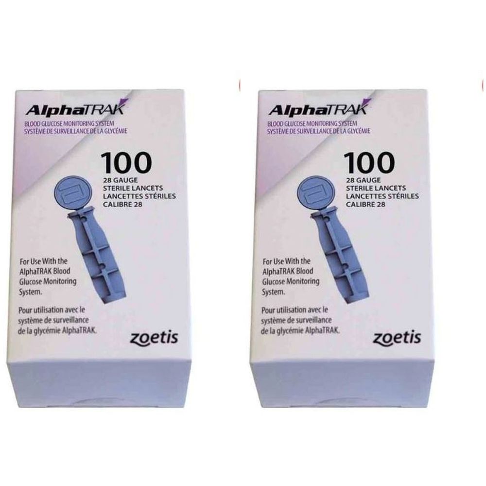 Deux boîtes de lancettes AlphaTRAK. Chaque boîte contient 100 lancettes stériles, calibre 28. Logo Zoetis.