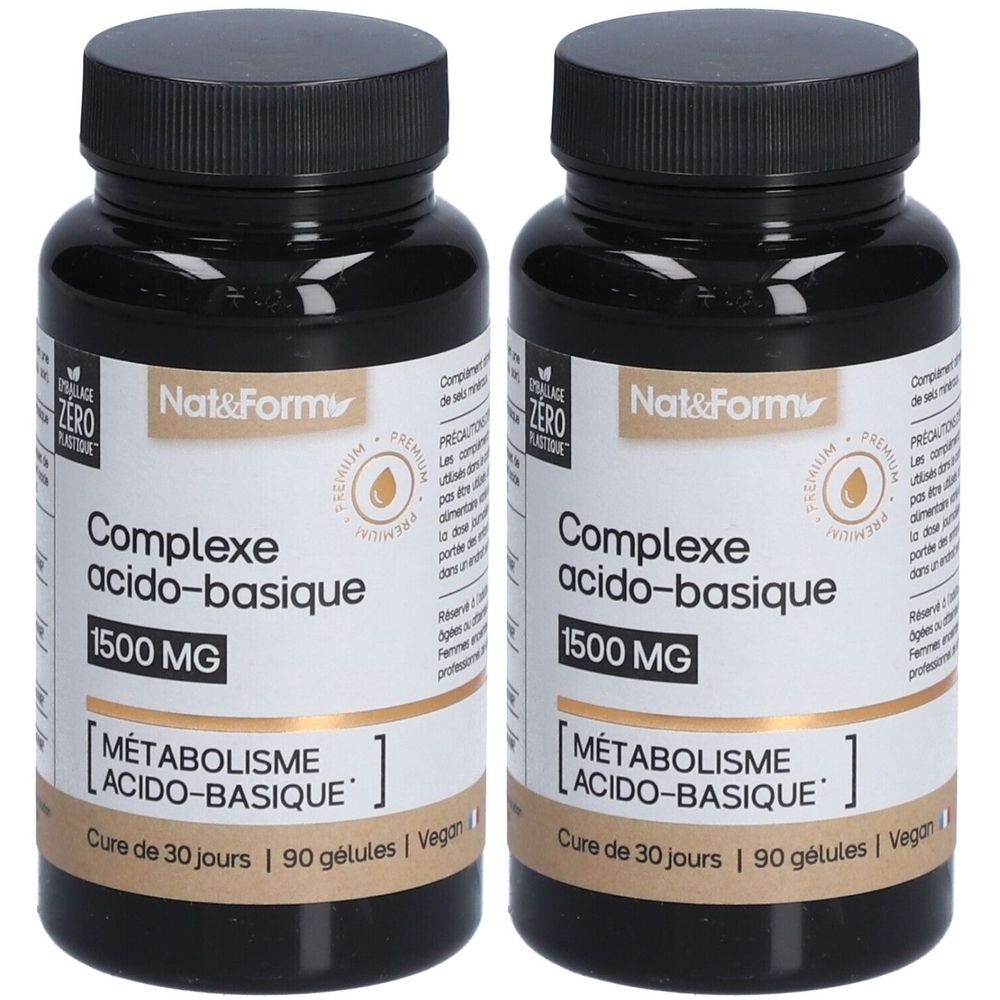 Deux flacons noirs de gélules. Inscription: Complexe acido-basique, 1500 MG, 90 gélules. Marque: Nat&Form.