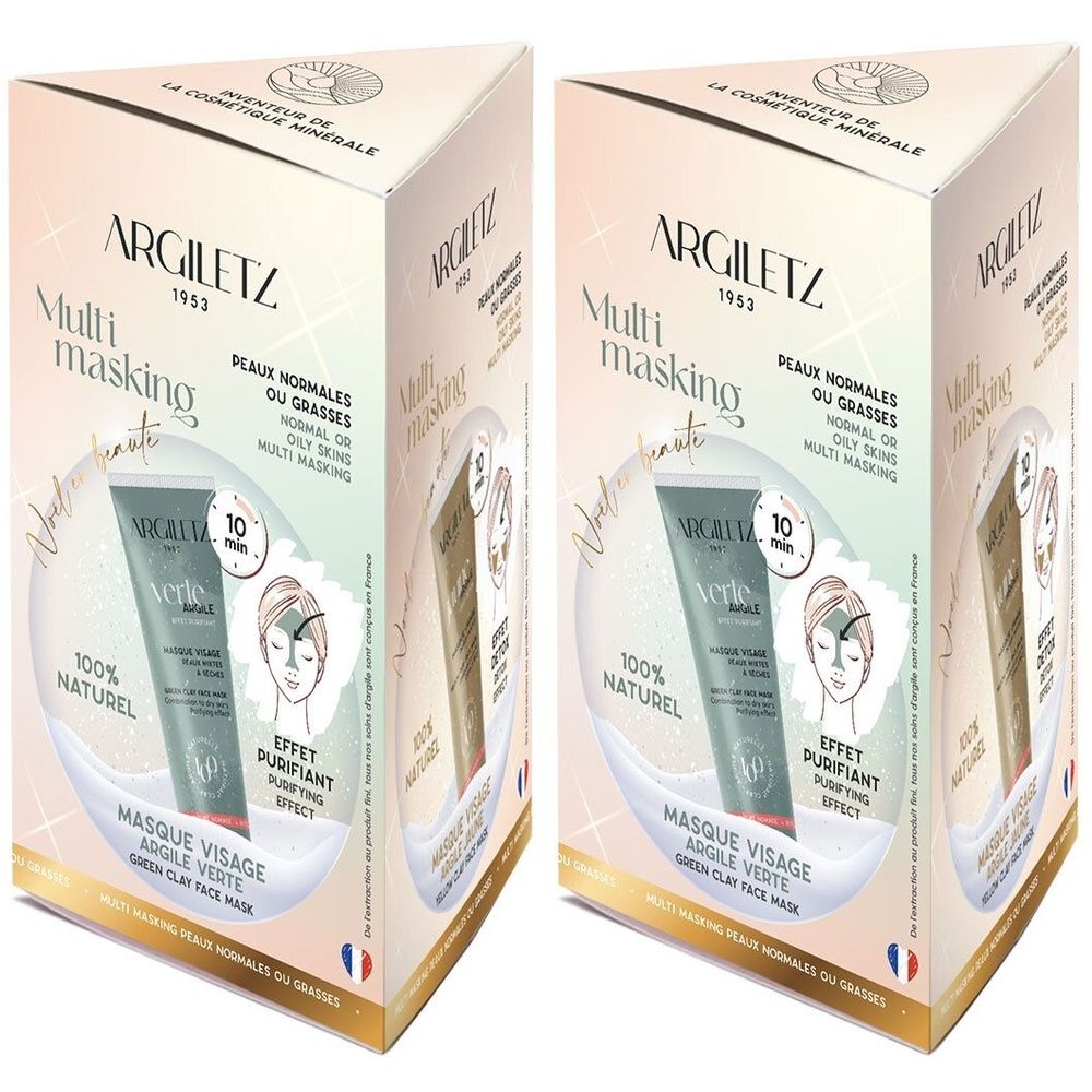 Deux boîtes de masques visage. Inscription : Argiletz, Multi-masking, argile verte. 100% naturel.