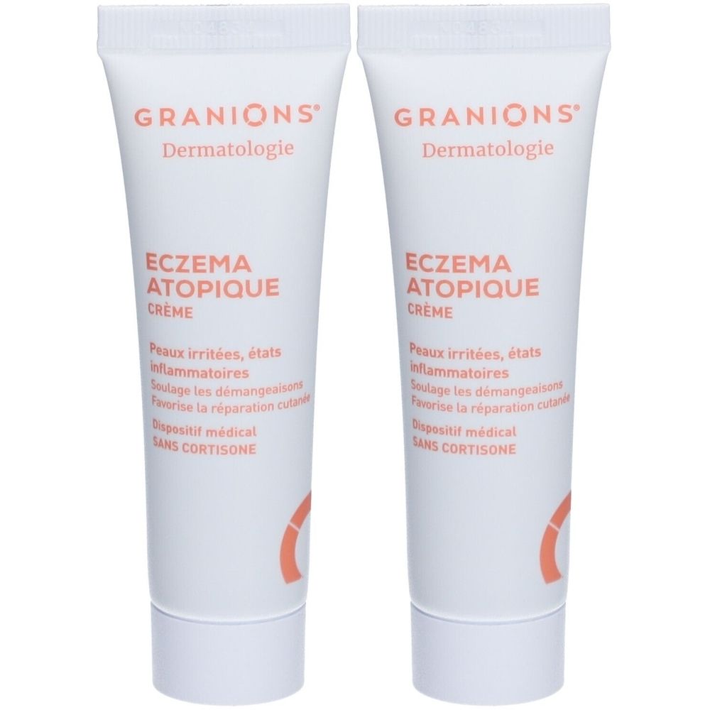 Deux tubes de crème. Inscription: Granions Dermatologie, ECZEMA ATOPIQUE, Crème. Dispositif médical, sans cortisone.