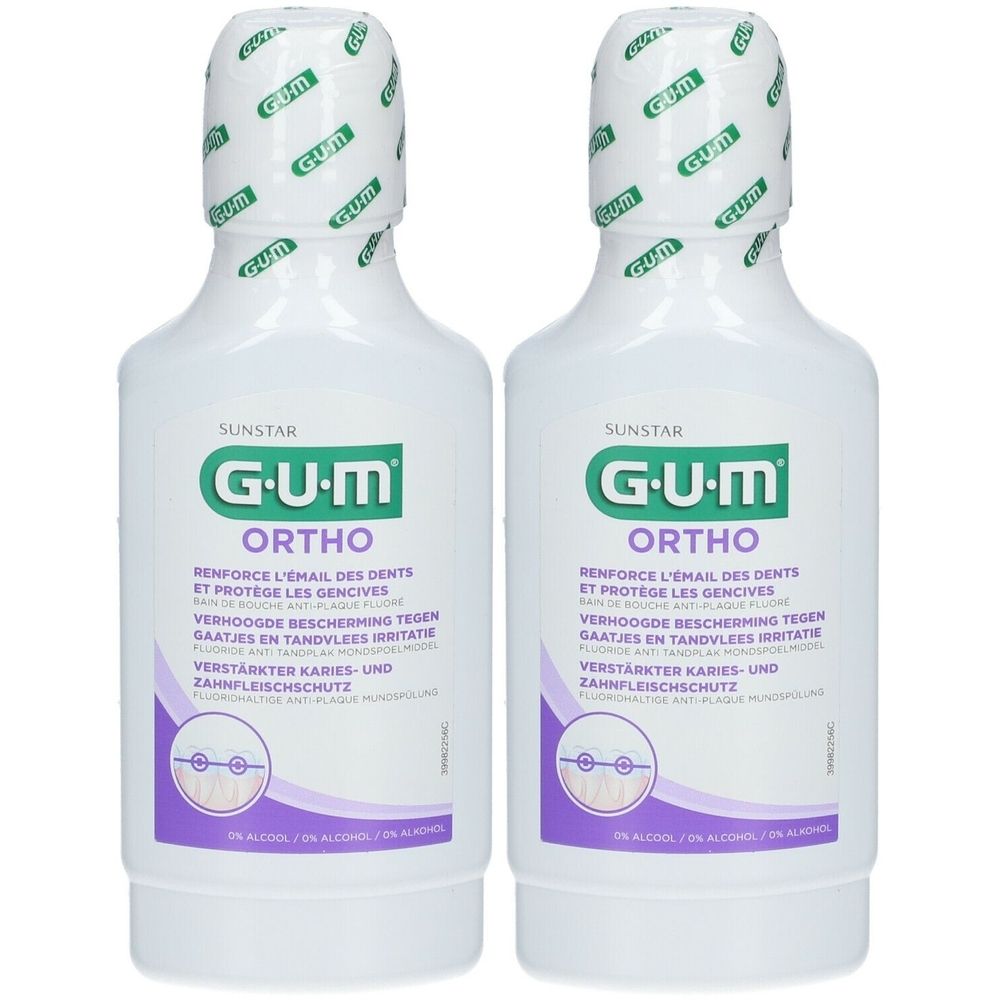 Deux flacons de bain de bouche GUM Ortho. Flacons blancs avec étiquette verte et violette. Inscription : GUM, Ortho, Sunstar.