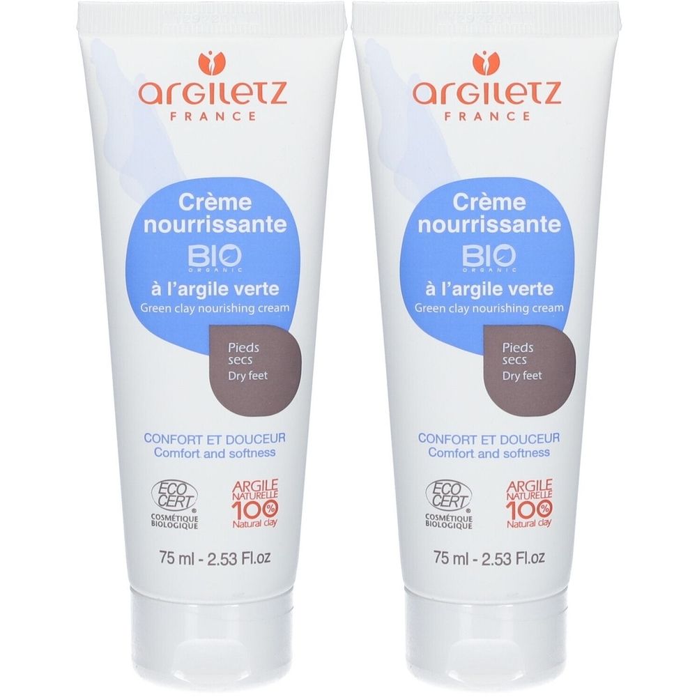 Deux tubes de crème Argiletz. Inscription: Crème nourrissante BIO, à l'argile verte, Pieds secs. Certifications Eco Cert et Argile 100.