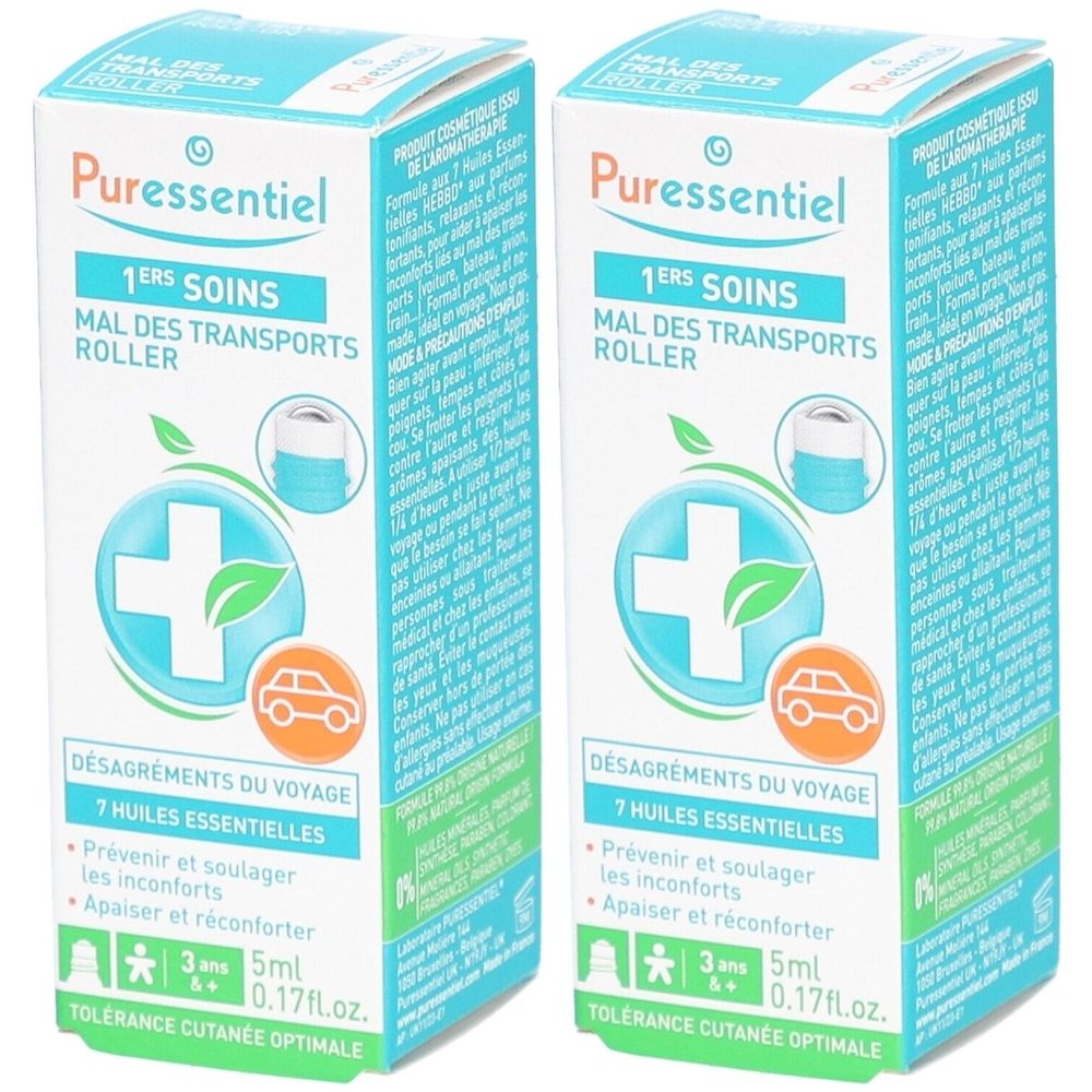 Deux boîtes de Puressentiel Roller. Inscription: 1ERS SOINS, MAL DES TRANSPORTS ROLLER. Contient 7 huiles essentielles.
