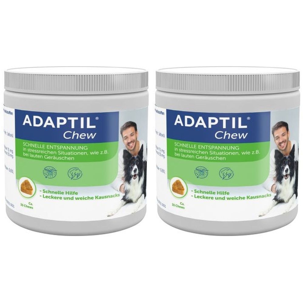 Deux pots blancs ronds avec couvercles. Sur le devant, "ADAPTIL Chew". Image d'un homme et d'un chien. Texte : Détente rapide.